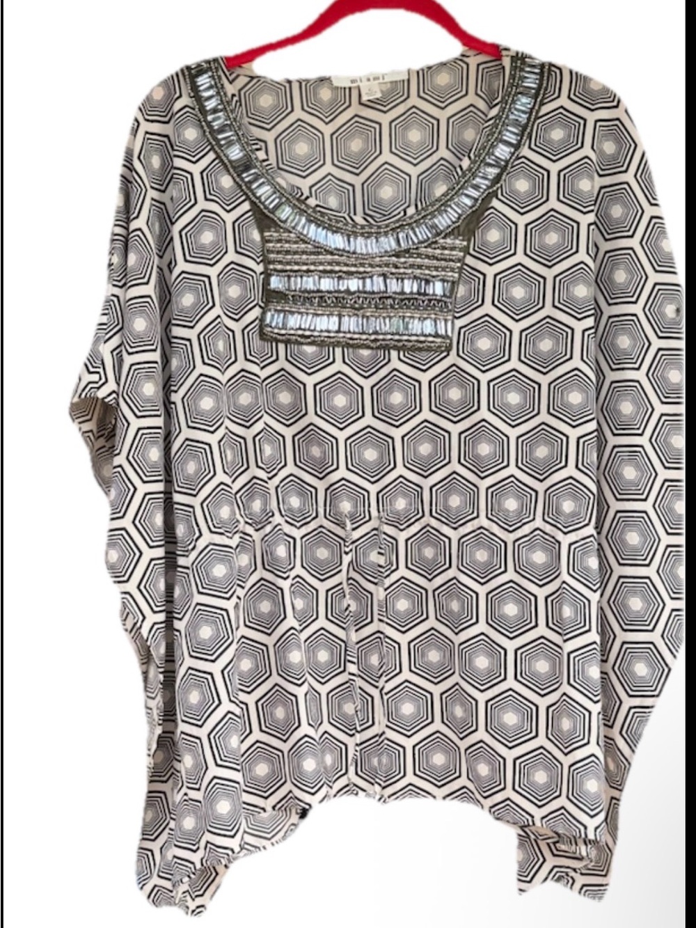 Mi Ami Black & White Geometric Beaded Scoop Neck Tunic